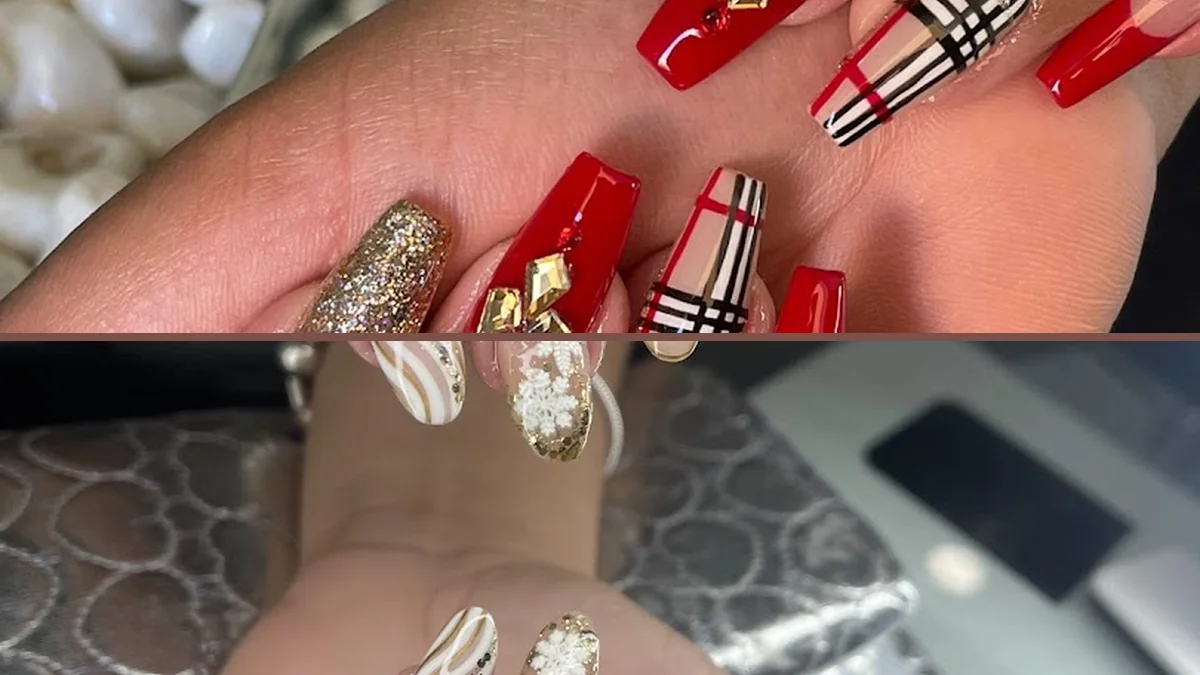 Manicured hands with glossy nails on a salon table.